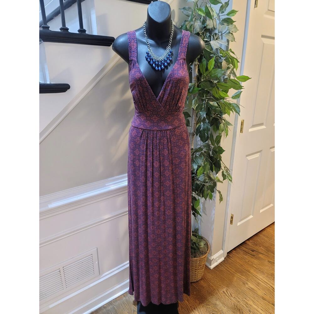 Loveappella Maxi Dress Women's Medium Orange Navy Geometric Wrap V-Neck Casual